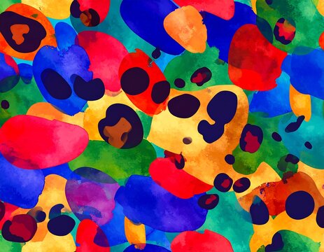 Vibrant abstract pattern of overlapping, multicolored shapes with dark spots