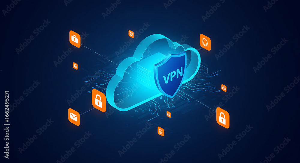 Poster secured cloud network: an isometric illustration depicting a secure digital cloud with a vpn shield,