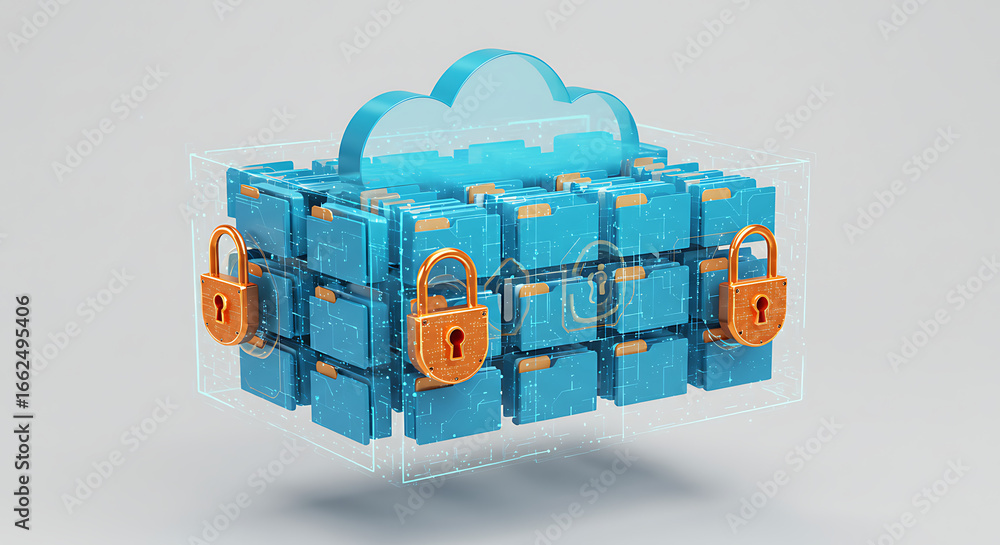 Poster cloud data fortress: illustrating digital security, this image shows a fortress composed of secure f