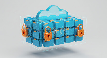 Cloud Data Fortress: Illustrating digital security, this image shows a fortress composed of secure file containers, crowned by a cloud icon, and protected by padlocks