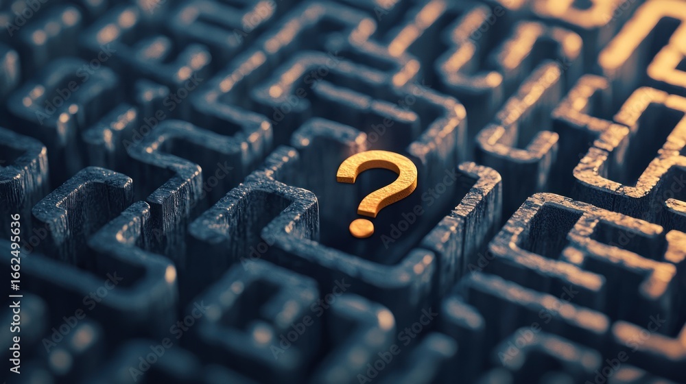 Poster a golden question mark embedded in a maze, with a textured, dark background and a warm, golden hue, 