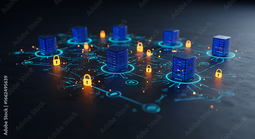 Poster digital fortress: a futuristic data storage network illuminated by glowing circuits, symbolizing sec