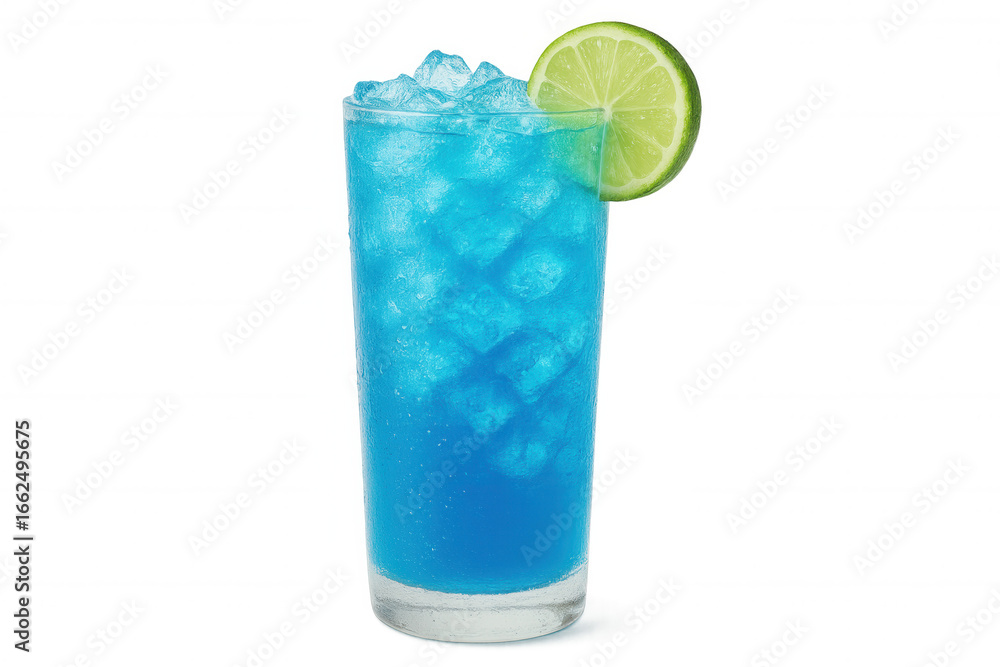 Poster vibrant blue cocktail is garnished with a lime slice and filled with ice cubes, creating a refreshin