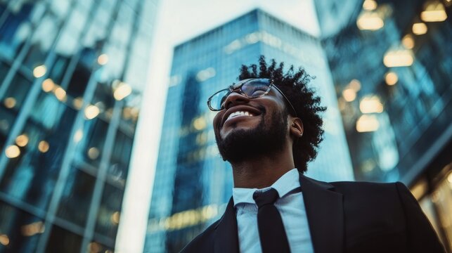 A smiling man in a suit and tie, standing in front of a tall building with a glass facade, wearing glasses and a beard,