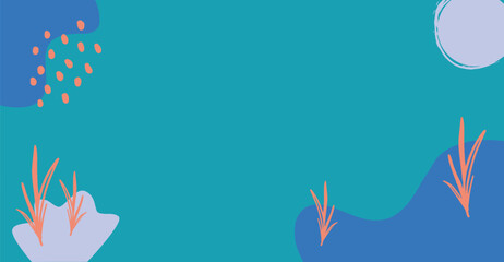 Abstract teal background with organic shapes, pastel accents, and stylized plant motifs.