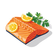 flat vector of a salmon fillet with lemon wedge and parsley garnish, healthy protein food