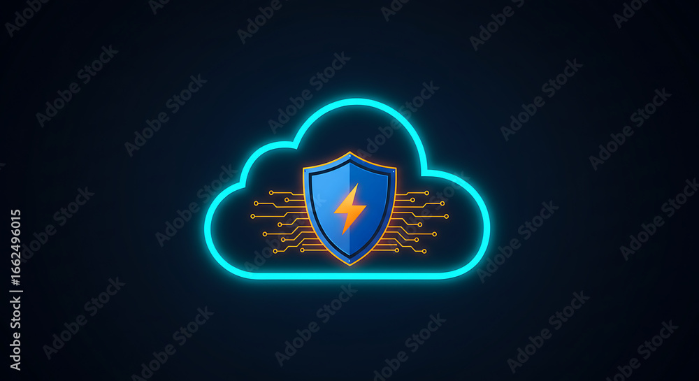 Poster digital shield: a neon-lit cloud design, intricately entwined with a bolt of lightning, conveys a po