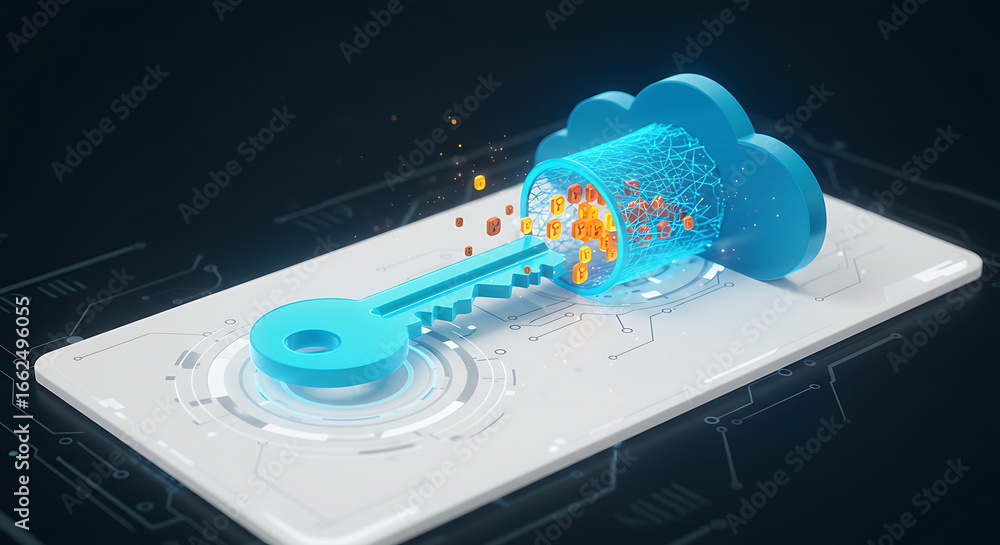 Poster cyber security key: a modern composition featuring a digital key unlocking a cloud, symbolizing secu