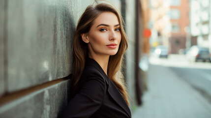 Mulher sofisticada encostada na parede