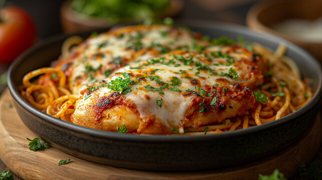 Frango &agrave; parmegiana com espaguete