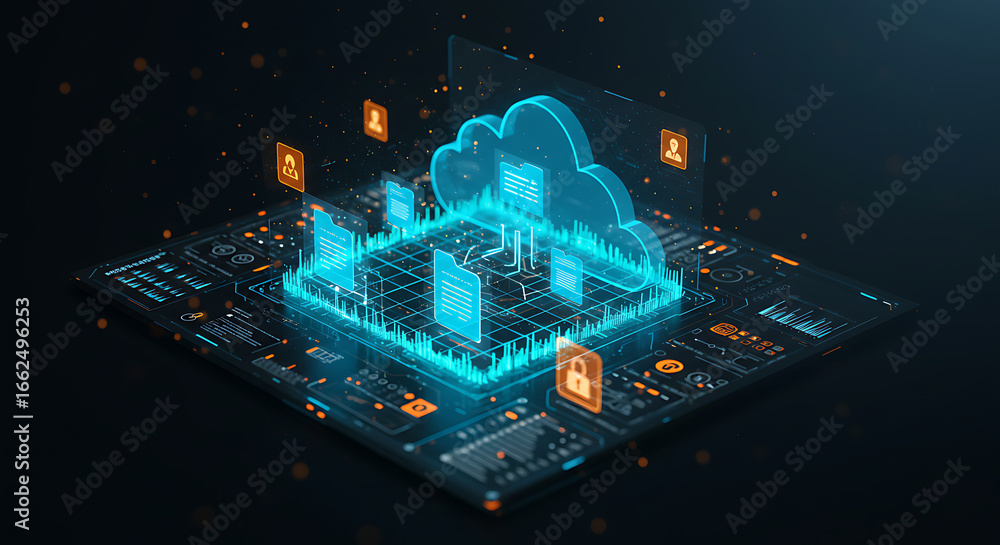 Poster cloud computing: futuristic representation of a cloud computing, an ethereal blue cloud floating ato