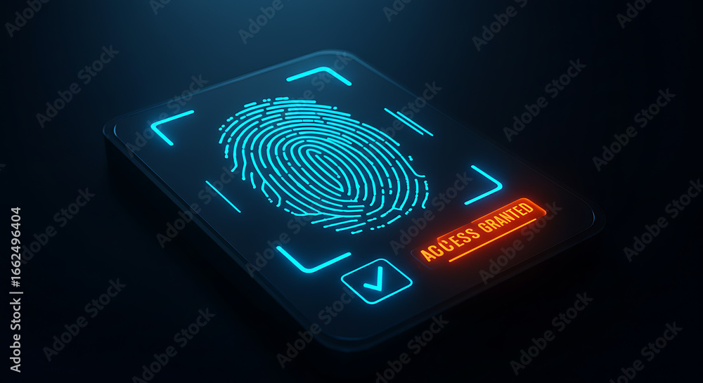Poster biometric fingerprint access granted: digital fingerprint on a screen signifying security, privacy, 