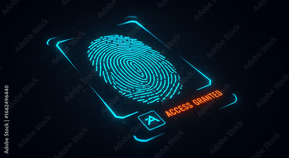 Poster digital fingerprint recognition: an image showing an illuminated fingerprint, a modern illustration 