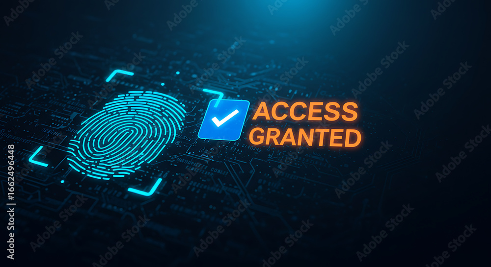 Poster digital access granted: a glowing fingerprint is scanned on a futuristic digital interface, with an 