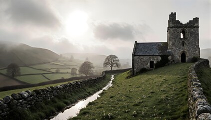 Sunrise Over Ancient Church In English Hills