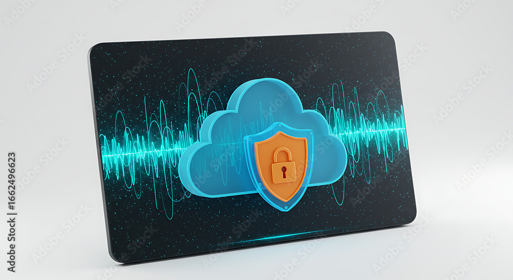 Poster secured cloud data on device: a visual representation of secure data storage, showcasing a protectiv