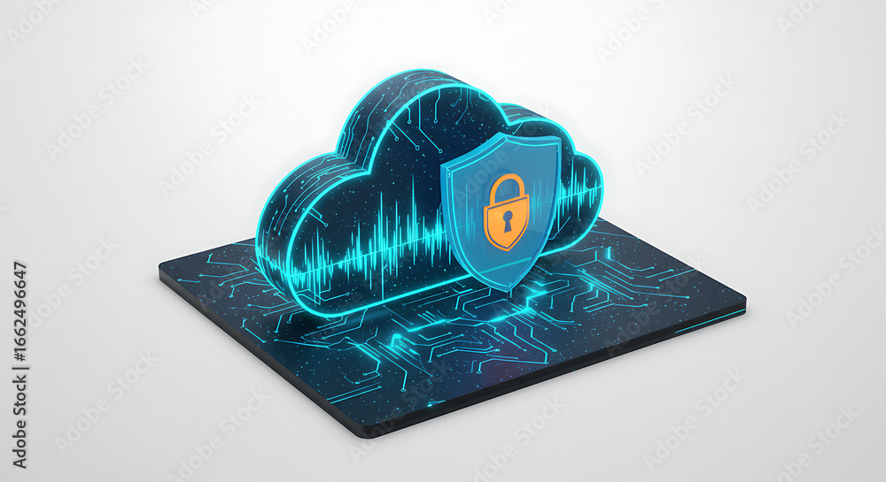 Poster digital fortress: a luminous digital cloud, symbolizing data security and storage, is protected by a