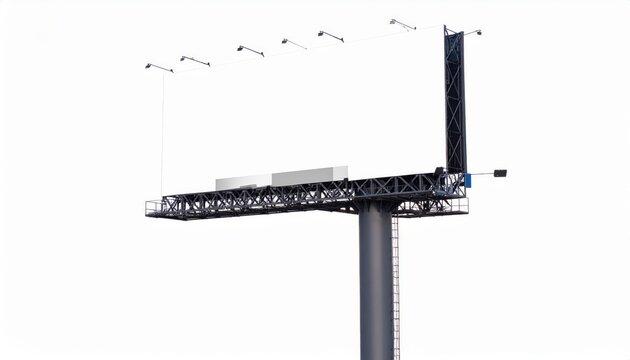 Towering Blank Billboard with Intricate Steel Trusswork Isolated on White.