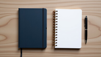 Clean workspace featuring dark notebook, blank spiral notebook, and pen on wooden surface. This setup is ideal for writing, sketching, or organizing thoughts in minimalist environment