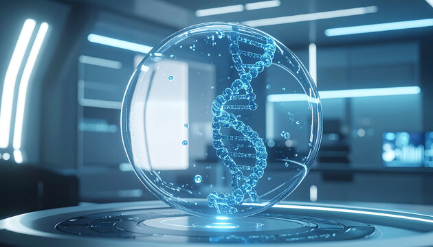 Digital DNA Revelation: A futuristic laboratory unveils a luminous DNA helix model suspended in a spherical transparent container, illuminated to reveal the secrets of the blueprint of life.