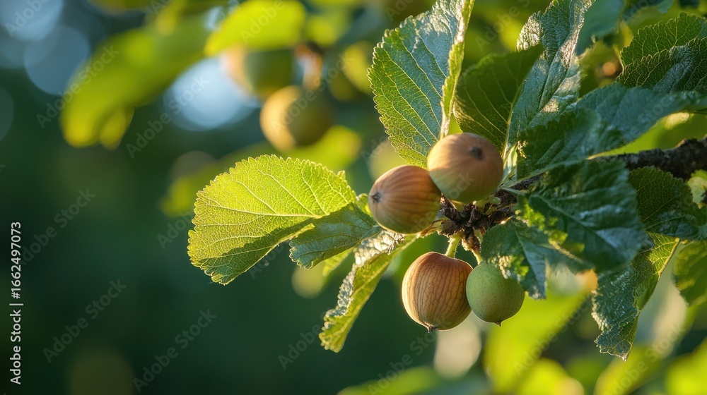 Poster a hazelnut tree with several nuts and leaves in the foreground, with a blurred background of a blue 