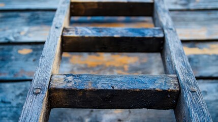 An old, weathered wooden ladder with peeling paint and rust, leaning against a wooden wall with yellow and brown paint, with a blue sky in the background.