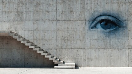 Concrete wall with a large eye mural and curved staircase