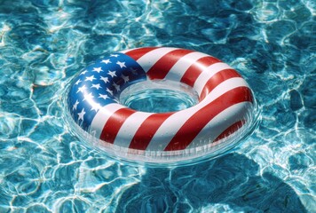 Naklejka premium Colorful American Flag Patterned Lifebuoy Floating on Clear Blue Water