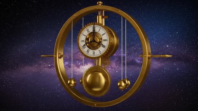 Golden pendulum clock with intricate design against a starry galaxy background, symbolizing time