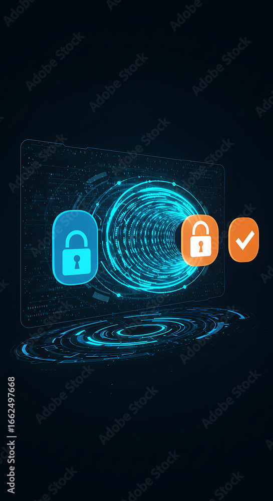 Poster digital security tunnel: a futuristic composition presents an illuminated digital tunnel, symbolizin