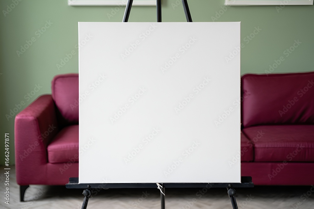 Poster blank white canvas on an easel in a room, ready for artistic creation and expression.