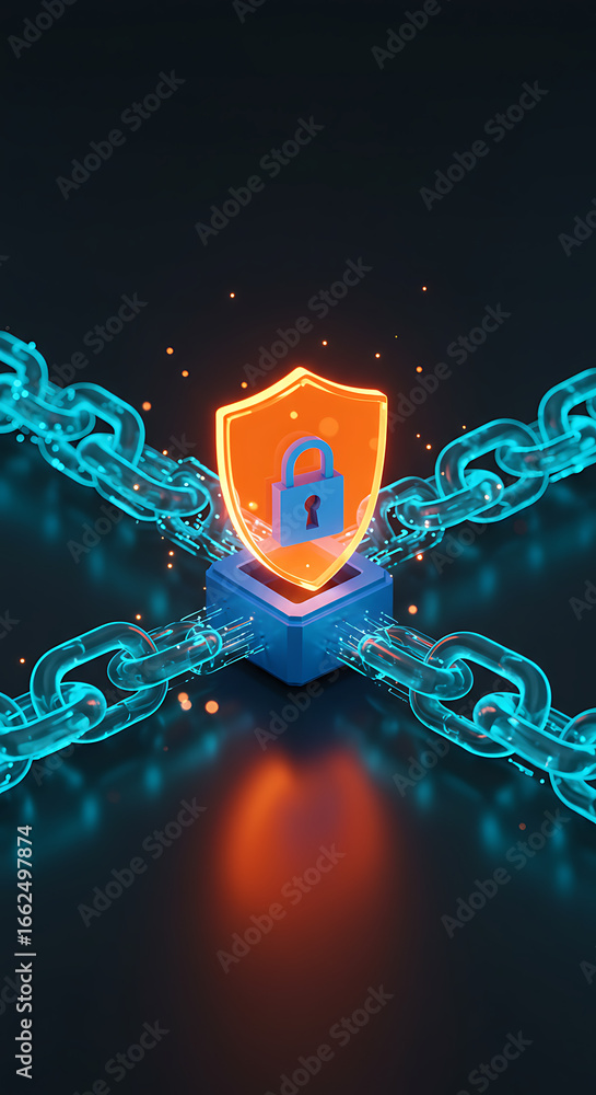 Poster digital fortress: a striking digital representation of cyber security, the glowing shield, padlock a