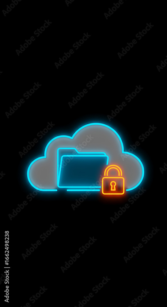 Poster cloud data security: a sleek neon design of a cloud symbol with a folder, and padlock, symbolizing s