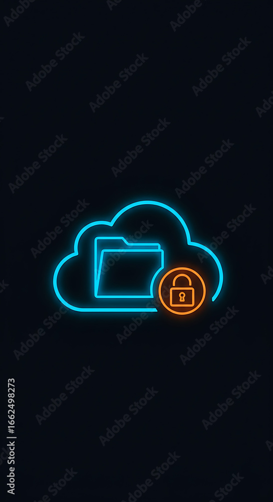 Poster secure cloud data: digital illustration of cloud data storage with locked icon, representing online 