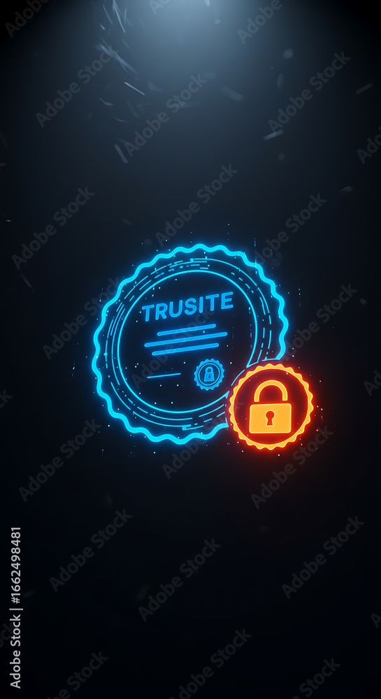 Poster digital security seal: an artistic display of a digital security seal, a padlock icon, and glowing b