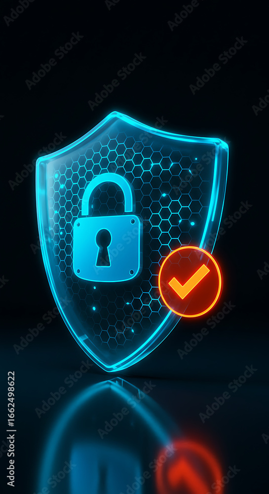 Poster digital security and protection: a glowing shield emblazoned with a secure padlock icon and a checkm