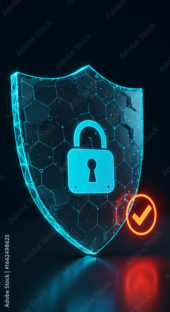 Poster digital security shield: a glowing digital shield, adorned with a secure lock and an affirmative che