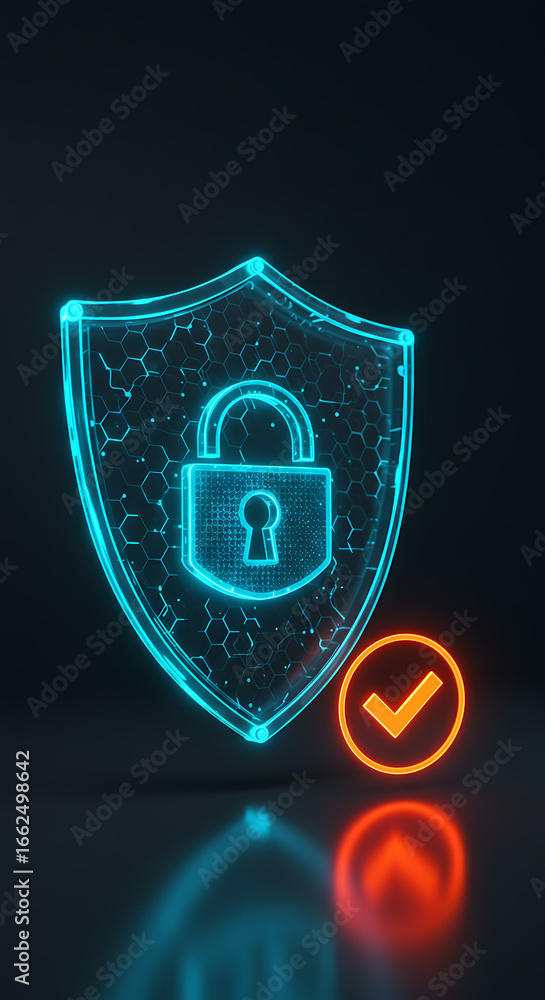 Poster digital shield and security: a digital shield, aglow with a futuristic aura, safeguards a secure pad