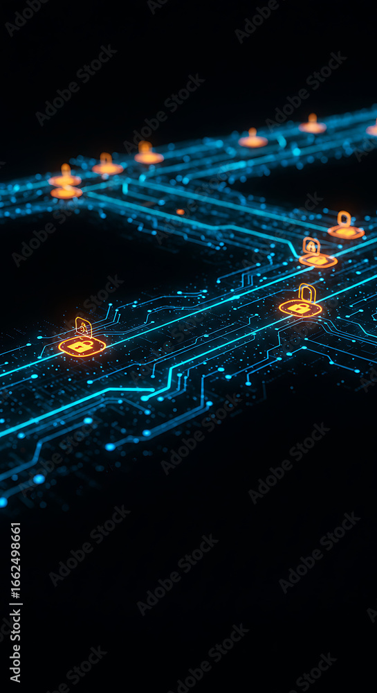 Poster digital security network: neon-lit circuit pathways weave across a black backdrop, illuminating encr