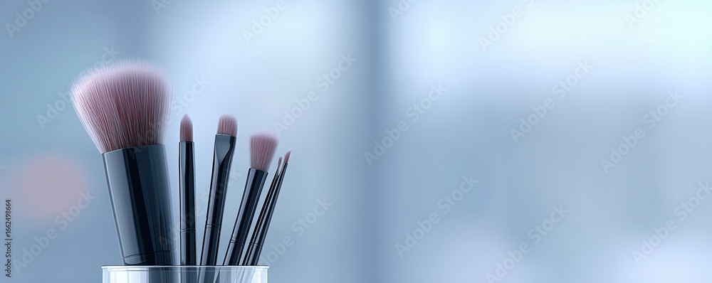 Poster makeup brushes arranged in a clear glass container, showcasing various sizes and shapes, with a soft