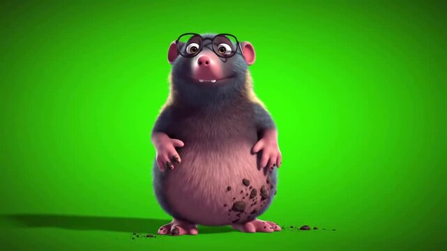 Colorful animated mole character wearing glasses, standing on a green background with dirt