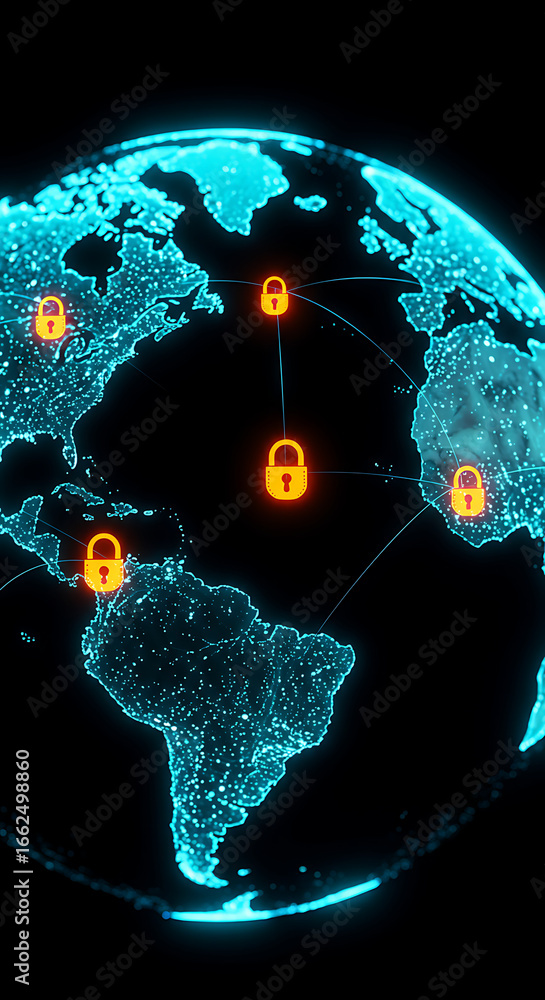 Poster global network security: a glowing globe showcases the interconnectedness of the digital world, over