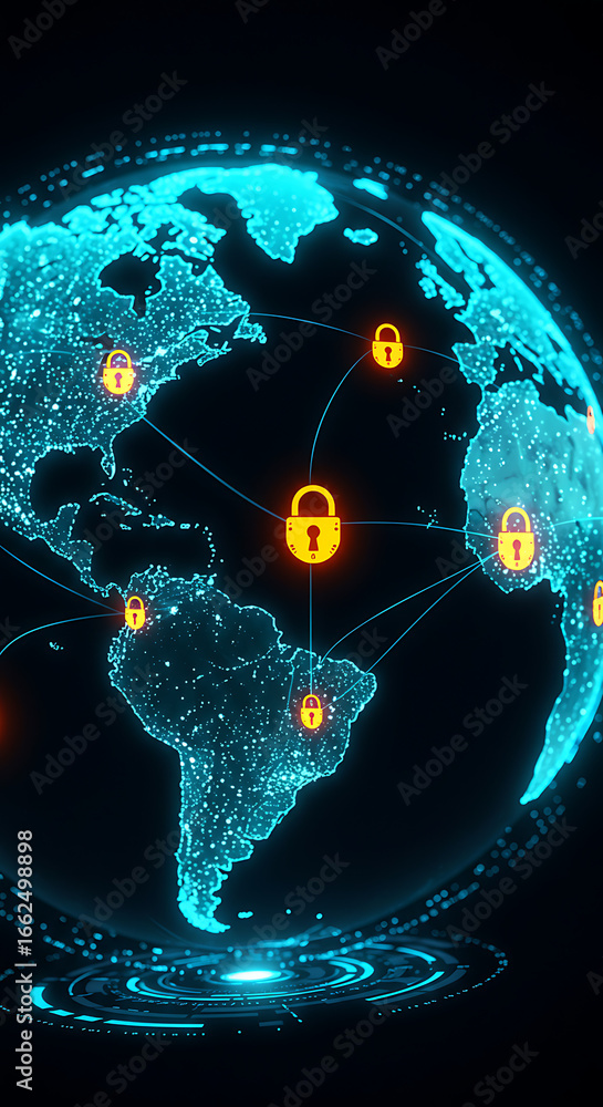 Poster global security network: a visual representation of a global security network, featuring a glowing g