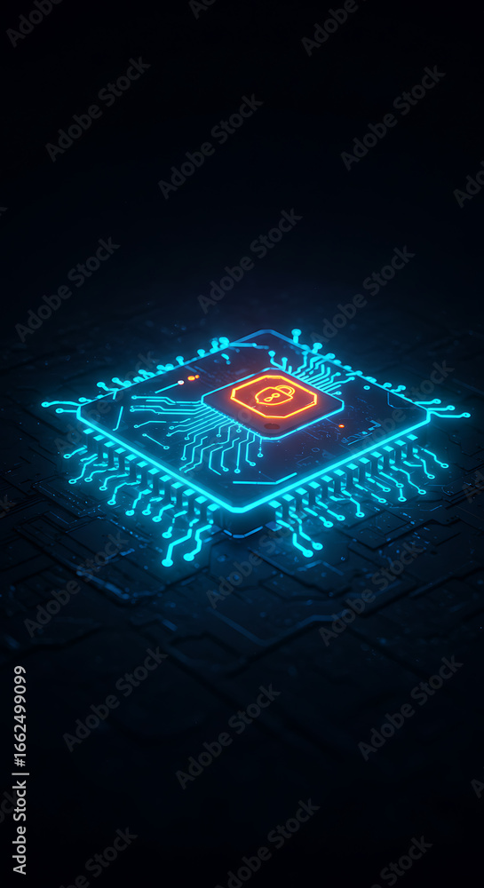 Poster neon circuitry: a dynamic close-up showcases a futuristic circuit board bathed in a captivating disp