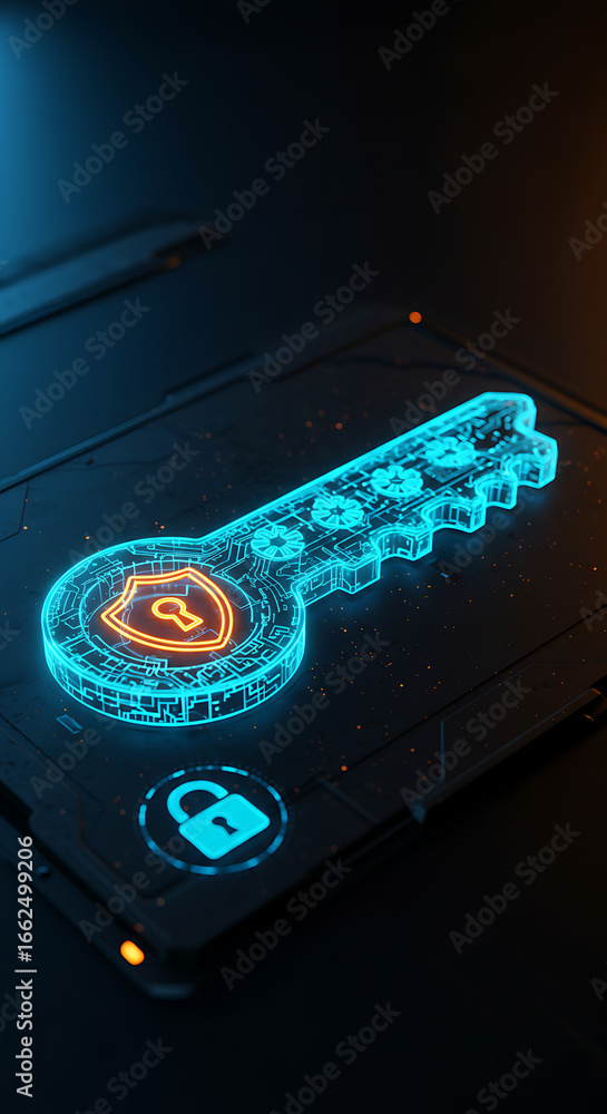 Poster cybersecurity key: a neon-lit key and padlock signify digital security and online protection in a fu