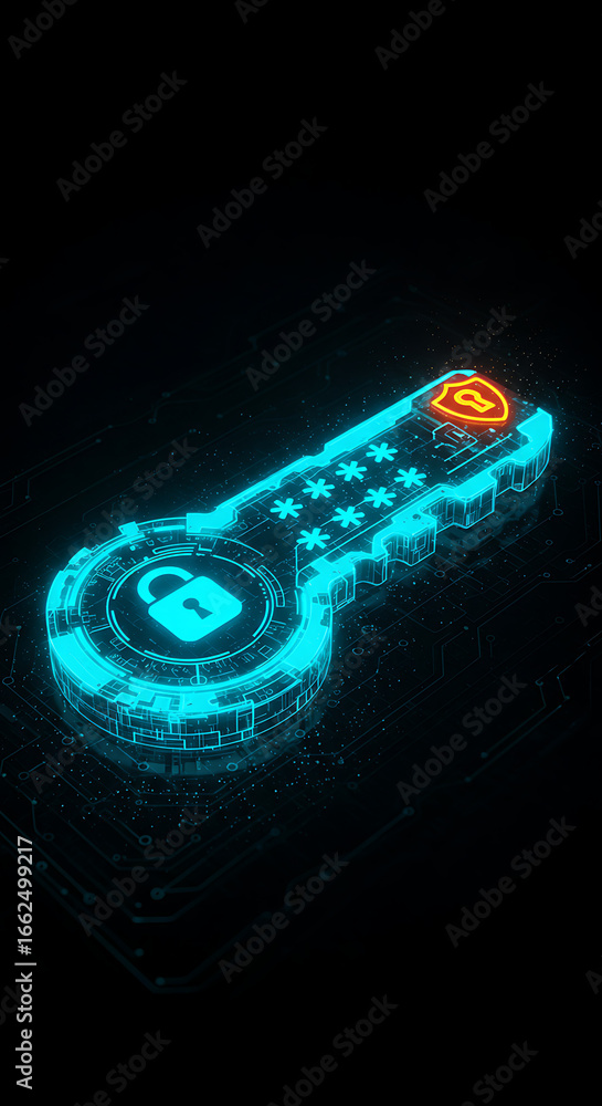 Poster digital key to security: an artistic rendering showcases a glowing key design, embodying modern secu
