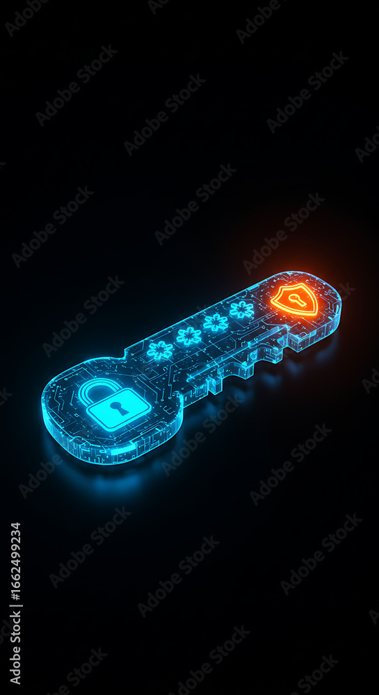 Poster cyber key of security: a luminescent digital key, representing a secure password, glows with an elec