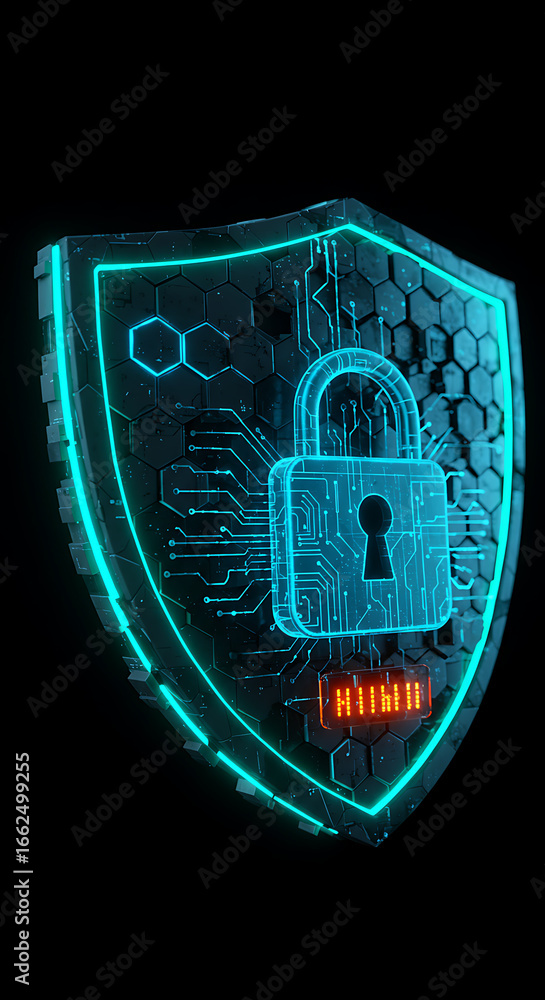 Poster digital fortress: a luminous shield embodying data security glows against a stark background, featur