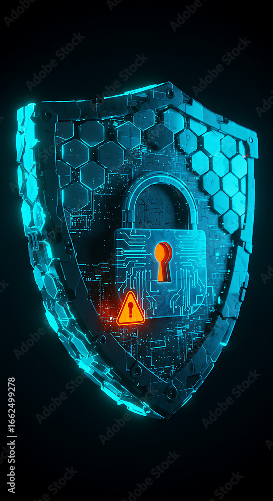 Poster cyber shield: digital defense with a futuristic padlock and shield, representing robust cybersecurit