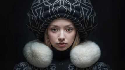 Model wearing a large black hat and a white muff. or collar Dark background. Stoic expression. Studio fashion portrait.
